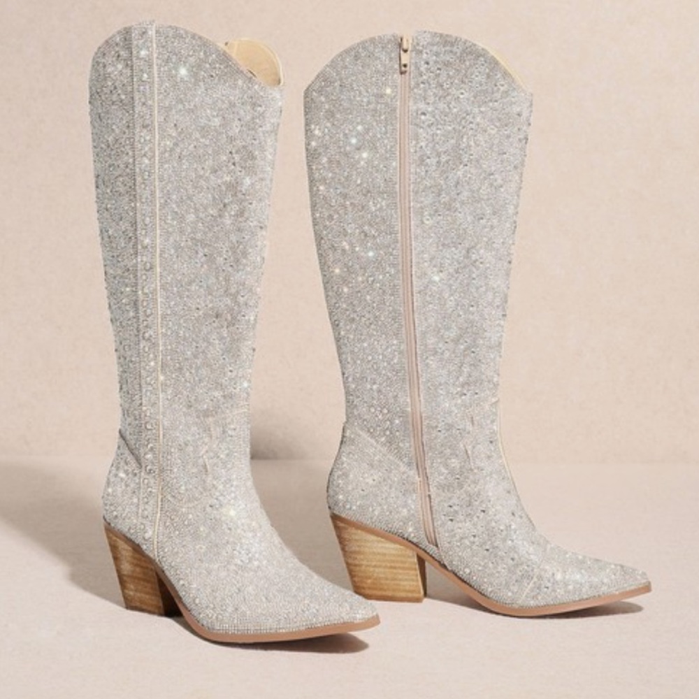 Last Pair! Nashville Silver Rhinestone Embellished Fashion Tall Cowboy Boots 6.5 - Picture 3 of 7